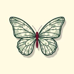 Intricate green and maroon butterfly illustration with delicate floral patterns on light background.