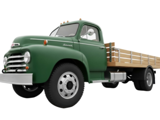 Isolated 1950s green flatbed truck with wood planks, vintage, classic heavy transport, vehicle