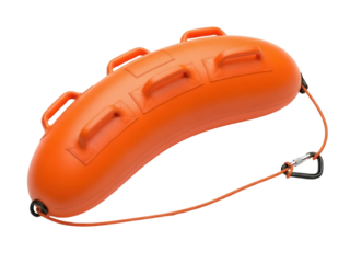 Isolated lifeguard buoy with rescue rope in orange color for water safety training device