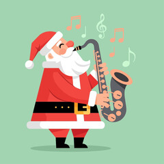 Cartoon illustration of Santa Claus happily playing a saxophone with musical notes floating around him on a light green background.