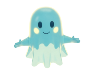 Isolated cute blue ghost with arms spread out, translucent spooky ghoul, ethereal, playful