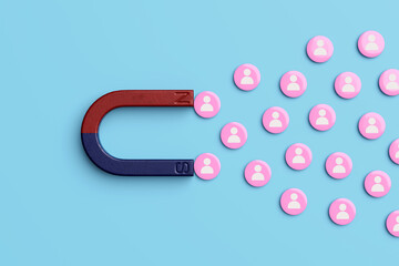 Horseshoe Magnet attracting pink followers icons on light blue background