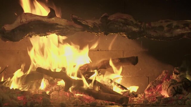 half-roasted suckling pigs on a spit with a wood fire in the background