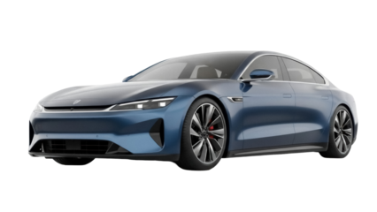 Isolated modern blue car studio shot side view, sleek electric vehicle design close-up