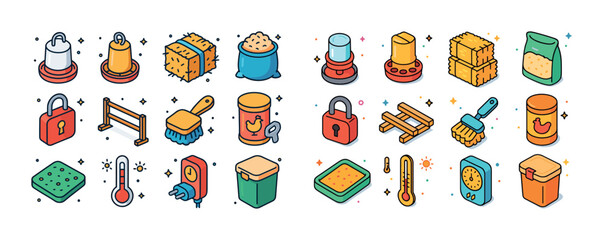 Colorful chicken coop supplies and equipment icons set