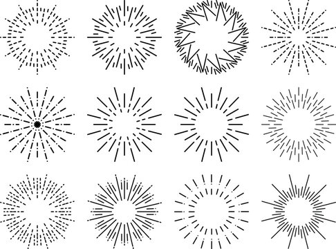 Minimalist fine line starburst set, abstract radial ray explosion icons and elegant retro sunbeam vectors