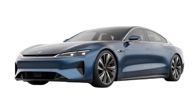 Isolated modern blue car studio shot side view, sleek electric vehicle design close-up