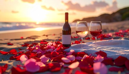 Red and Pink Flower Petals on Beach with Picnic Blanket, Two Wine Glasses, and Wine Bottle at Sunset