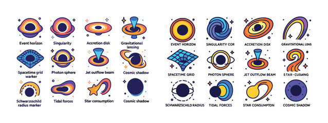 Illustrated icons of black hole concepts and phenomena in space