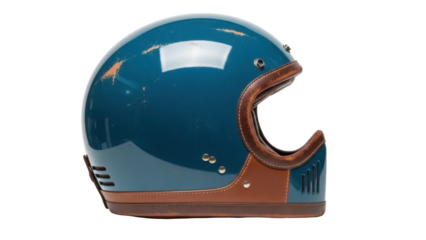 Isolated teal motorcycle helmet with brown trim offers protection for stylish riders