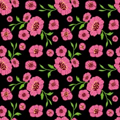 Pattern Flower Cute Pink Floral Seamless Pattern on Black Background