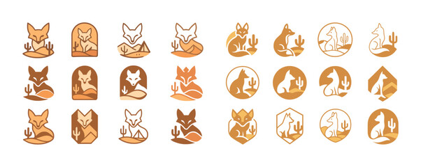 Fototapeta premium Desert fox emblems in various artistic styles with cactus elemen