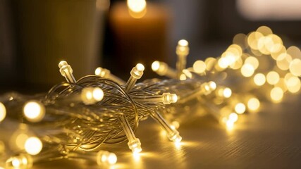 A beautiful garland of warm glowing led fairy lights creating a cozy atmosphere. Festive christmas or new year holiday background with a magical golden bokeh effect - Powered by Adobe