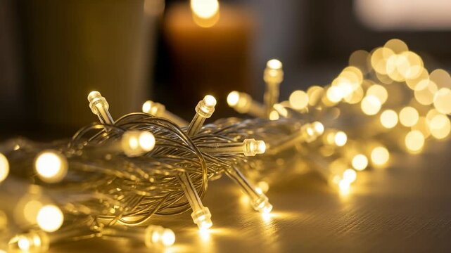 A beautiful garland of warm glowing led fairy lights creating a cozy atmosphere. Festive christmas or new year holiday background with a magical golden bokeh effect
