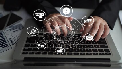 FAQ and online help icons show question, answer, and support system. FAQ improves online help experience, customer service quality, and FAQ knowledge access. Funnel