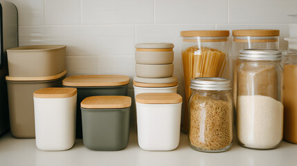 Organized Pantry: A modern and tidy pantry showcases a curated collection of jars and containers, creating a sense of order and culinary readiness. 