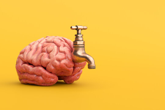 Human brain with a tap on a yellow background. Mental health, education, literacy, creativity, intellect, and new ideas concepts.