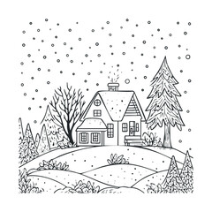Naklejka premium Charming winter landscape coloring page with a cozy snowy house, evergreen trees, and falling snowflakes, ideal for childrens activities and festive holiday designs.