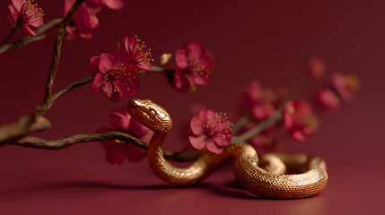 Golden snake resting near cherry blossoms on red background  