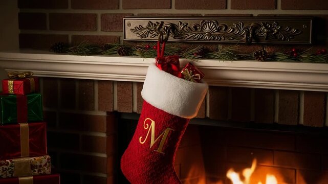 Holiday sequence of a christmas stocking being filled with presents above a warm fireplace. Cozy home setting with traditional decorations and gifts for a festive evening