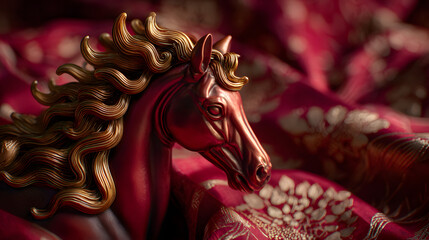 Decorative horse figurine on luxurious red patterned fabric  