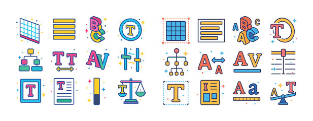 Colorful typography and design icons including letters and text