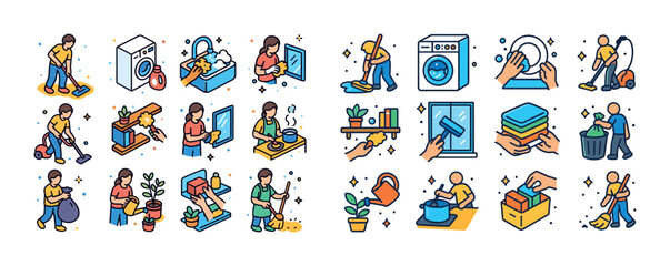 Cartoon illustrations of household chores and everyday tasks