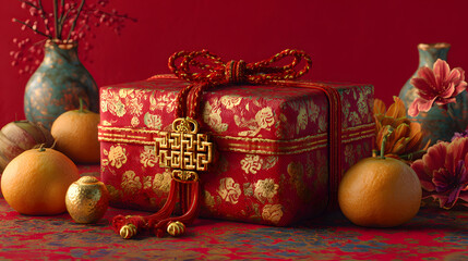Festive red gift box with orange fruits and floral decorations  