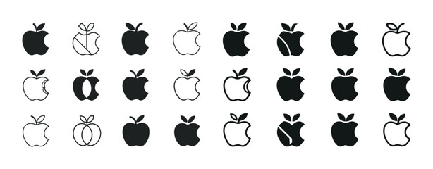 Collection of apple icons: diverse designs and styles in black a