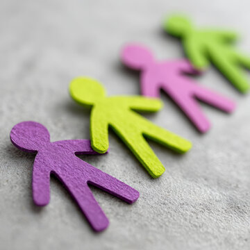 Colorful paper dolls in a row on a gray background.