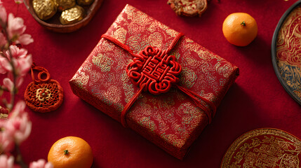 Red gift box decorated with traditional symbols for Lunar New Year  