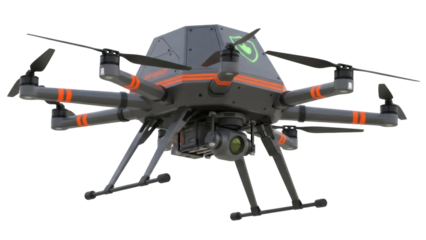 Isolated hexacopter drone with camera, six propellers, futuristic technology device studio shot