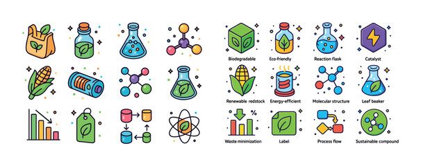 Fototapeta premium Colorful eco-friendly science icons featuring renewable energy a