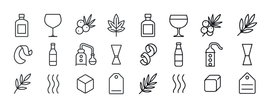Minimalist drink icons set featuring bottles, glasses, herbs, an