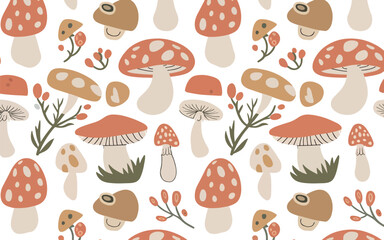 Abstract seamless pattern featuring stylized mushrooms and berries