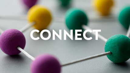 Colorful spheres interconnected by strings, concept of connection