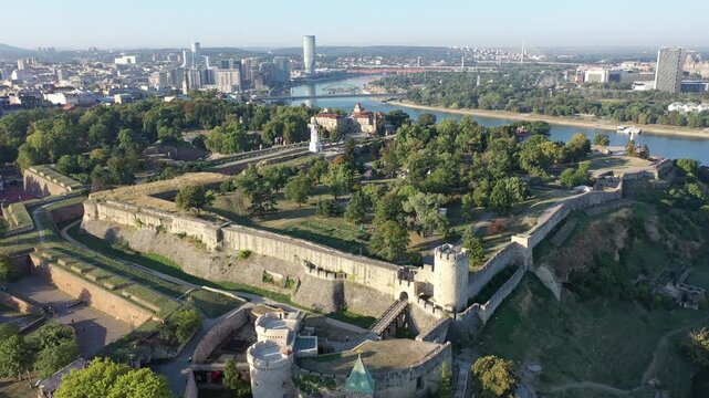 Belgrade Fortress, fortification built at confluence of rivers, stands out against background of dense urban development. Belgrade Fortress, Serbia, aerial view