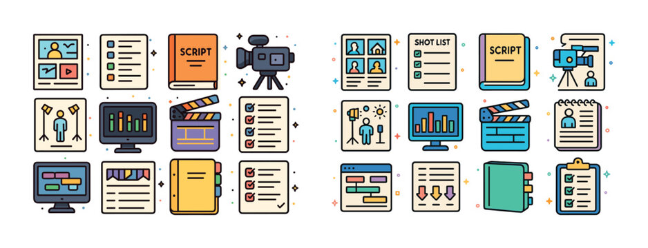 Icon set for video production and scriptwriting with colorful el