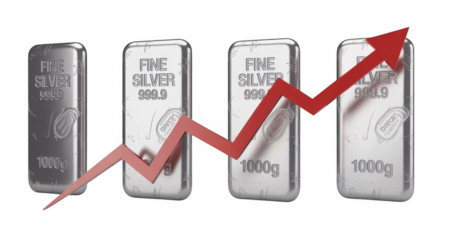 Four Fine Silver Bars with Rising Red Graph Line isolated on a transparent background