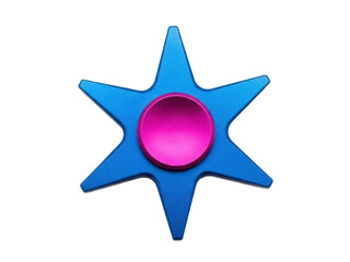 Isolated blue fidget spinner with pink center bearing for stress relief and sensory play