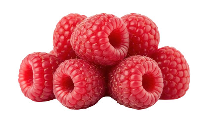 Isolated close-up of fresh raspberries in pile, bright red fruit with hollow core, juicy and sweet