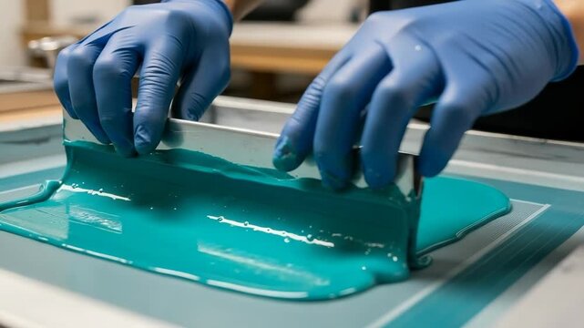Closeup sequence showing a worker's hands in blue gloves screen printing with a squeegee. Spreading vibrant teal ink across a silk screen frame in a printmaking workshop