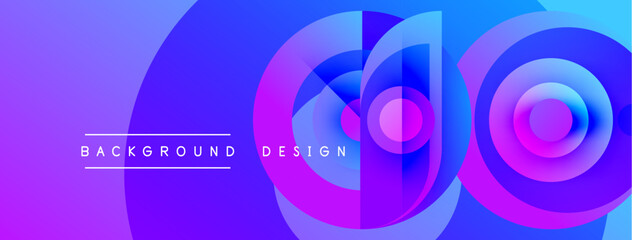Abstract vibrant design features overlapping circles, gradients. Purple, blue hues create modern background. Text reads background design.