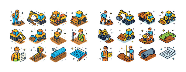 Obraz premium Construction equipment and workers icons in flat design style