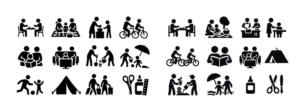 Family activities icons: outdoors, reading, dining, camping, cyc