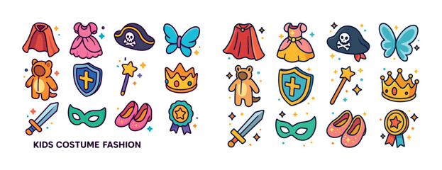 Fototapeta premium Colorful kids costume fashion icons set with crowns, shields, an