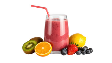 Fresh fruit smoothie with straw and fruits isolated on a transparent background glass