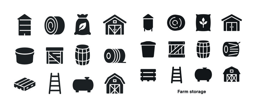 Farm storage icons: barns, silos, barrels, crates, and more in b