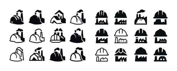 Fototapeta premium Industrial icon set: hard hats, factories, chimneys - black and