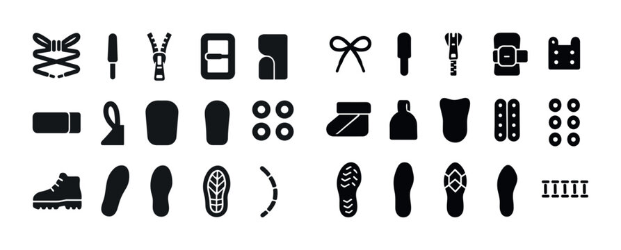 Shoe components icon set: laces, soles, eyelets, zippers, insole